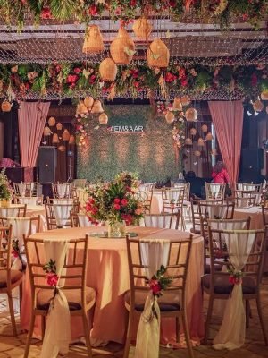 Elegant banquet hall setup for weddings and corporate events at Ambar Palms Resort in Faridabad